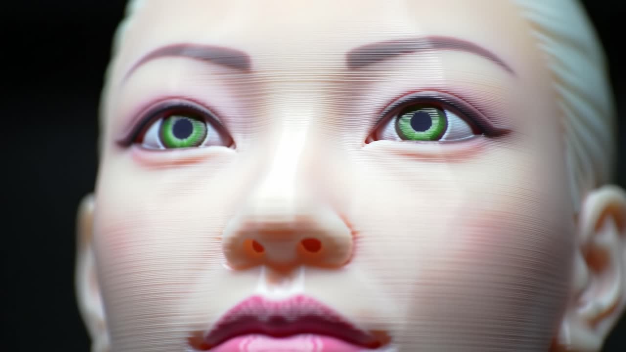 A Close-Up View of a Hyper-Realistic Robotic Model Featuring Striking Green Eyes and Detailed Facial Features, Capturing the Cutting Edge of Robotics and AI Technology