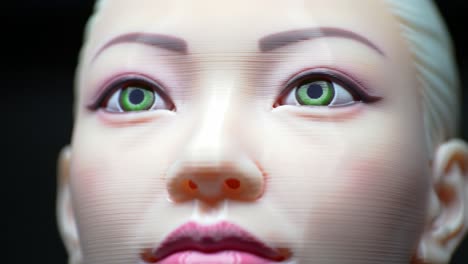 a close-up view of a hyper-realistic robotic model featuring striking green eyes and detailed facial features, capturing the cutting edge of robotics and ai technology