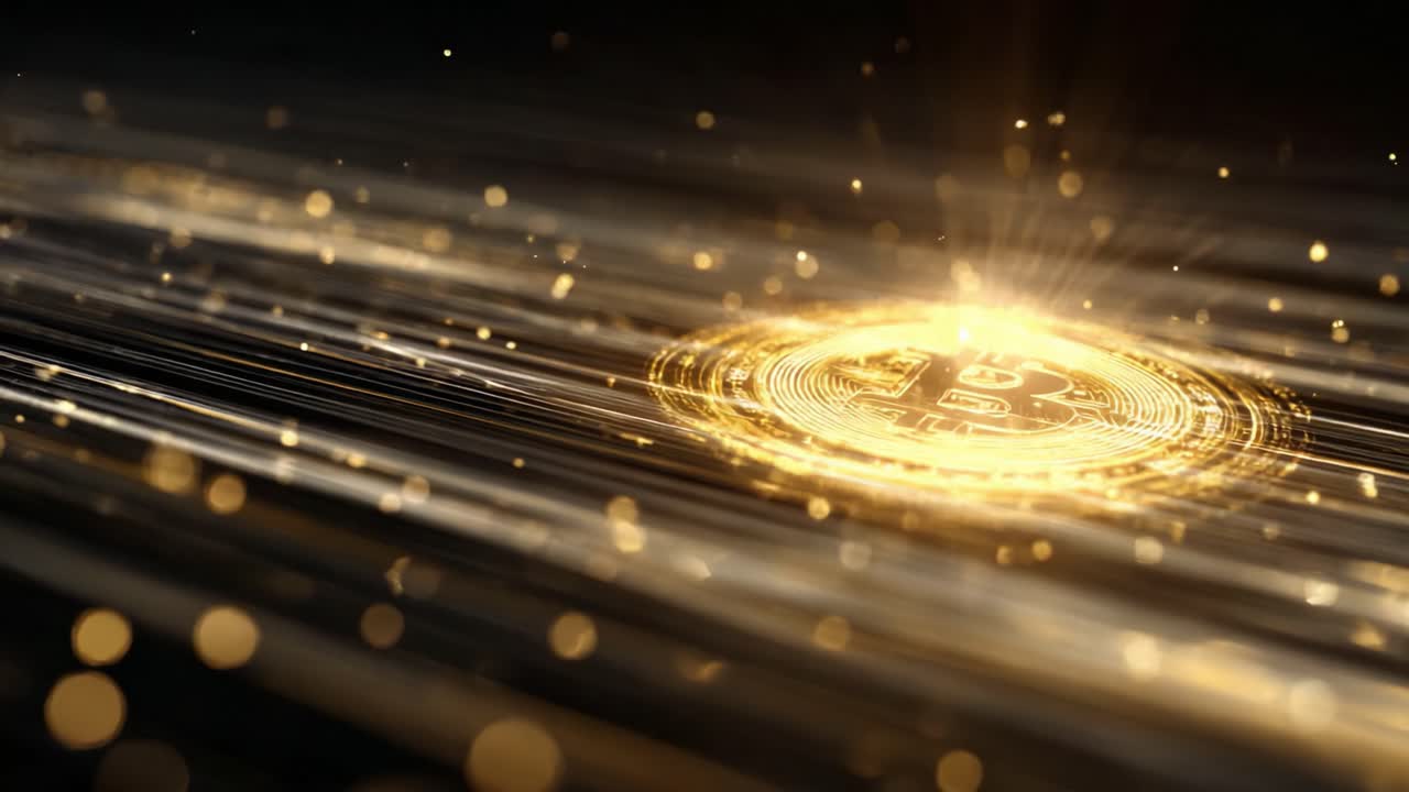 暗い抽象的なデジタル空間を移動する光り輝く黄金のBitcoinコインは、きらめく光の粒子と優雅な光の筋に囲まれ、デジタル金融の未来を表現しています。