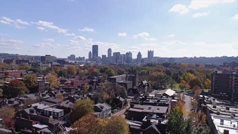 a daytime tilt-up aerial establishing shot of pittsburgh's manchester neighborhood