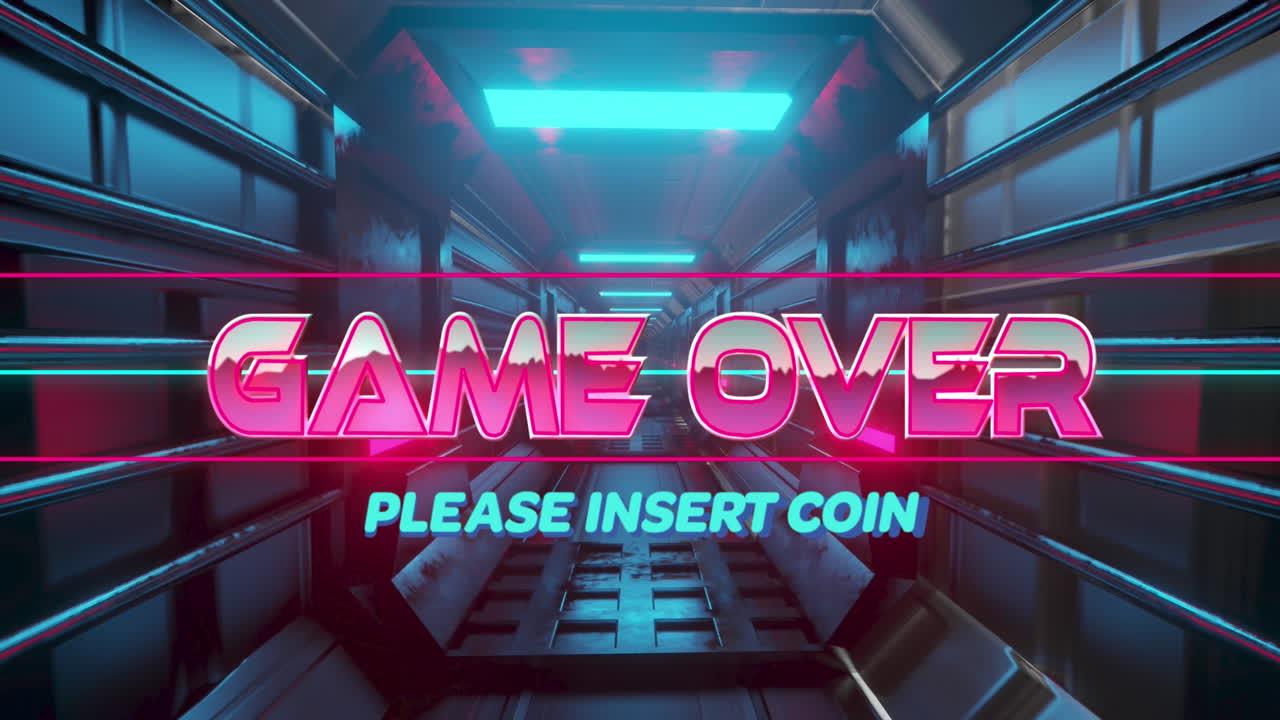 조명 게임의 애니메이션이 끝났고 컴퓨터 장비에서 동전 텍스트를 입하십시오.