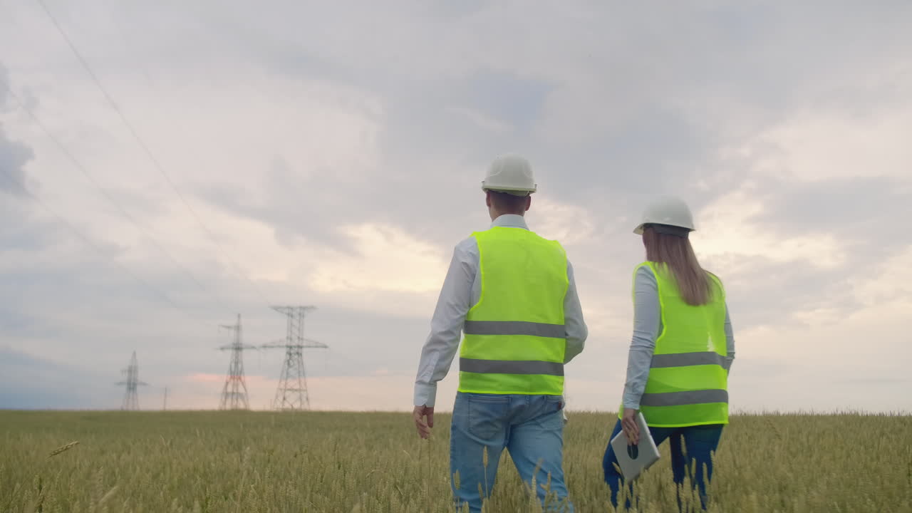 dos atrás el ingeniero y el controlador con una tableta pc y los dibujos son sobre líneas y torres de transmisión y discutir el plan de expansión y energía de transporte para pueblos y ciudades.
