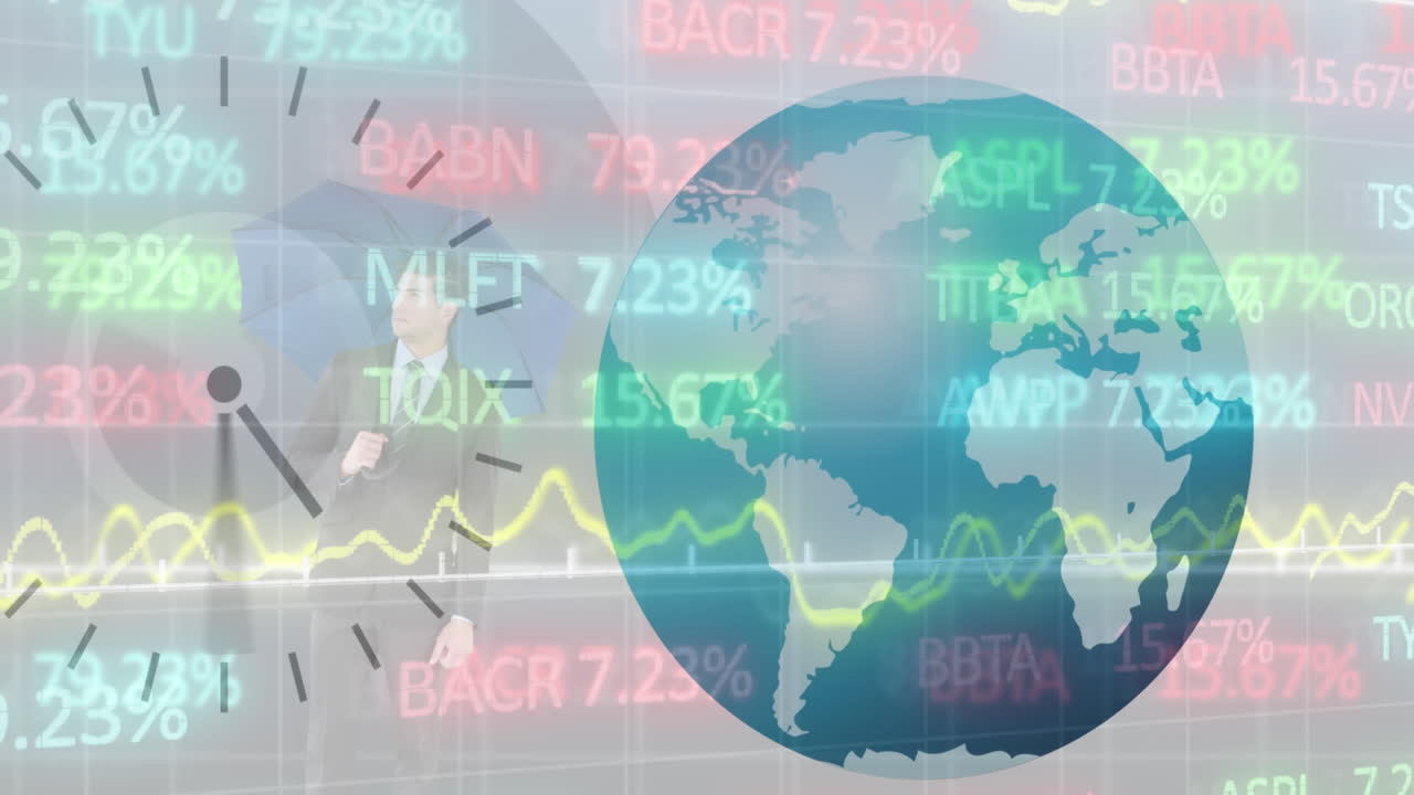 animación de procesamiento de datos del mercado de valores, reloj y globo contra el empresario caucásico