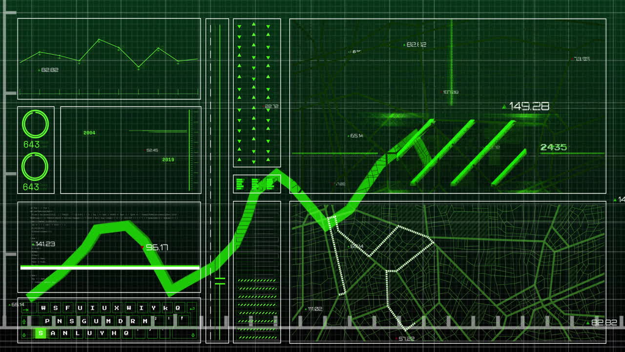 Green financial data charts and graphs animation over grid background
