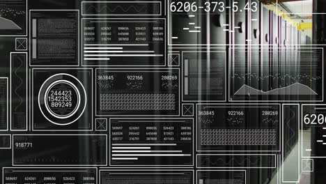 animation of hud screens with numbers, graphs and shapes over data server racks