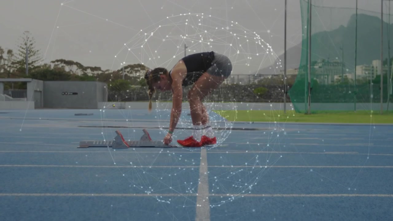 Atleta di atletica leggera (donna) che regola i blocchi di partenza mentre un globo pulsante mostra la tecnologia per la partenza dello sprint