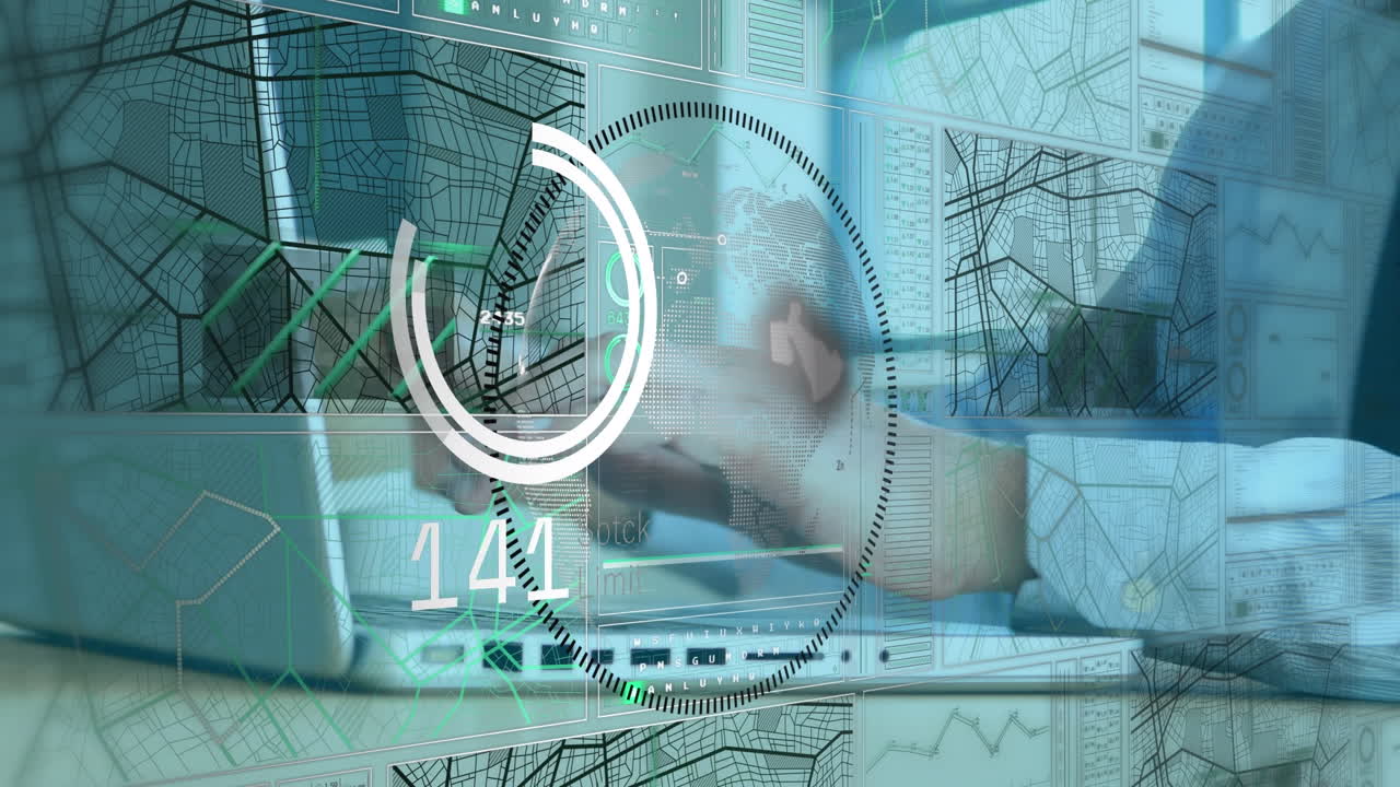 animación del alcance con procesamiento de datos sobre un hombre de negocios caucásico que usa una computadora portátil