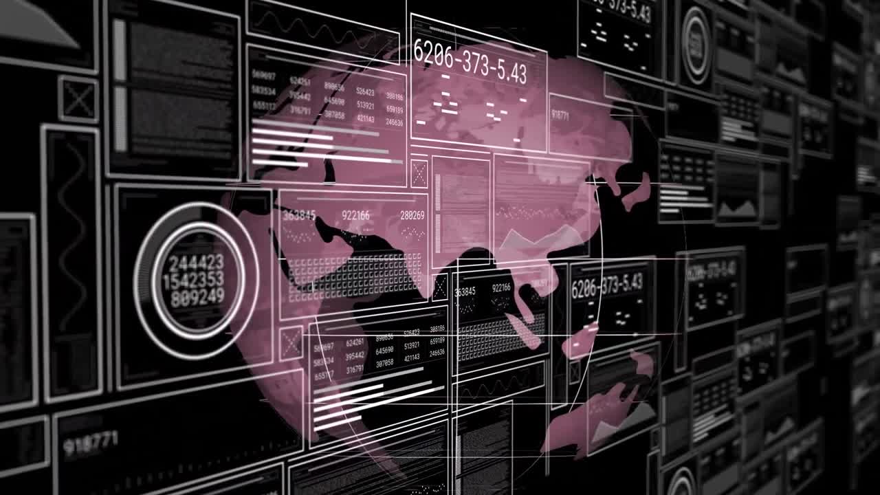 Animation af grafer, indlæsningscirkler og bjælker med skiftende tal over globus med gittermønster