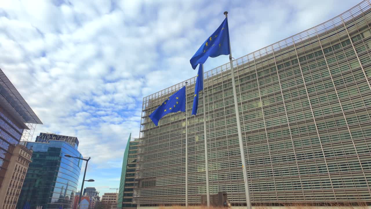 View of European Union flags fluttering beside modern glass architecture