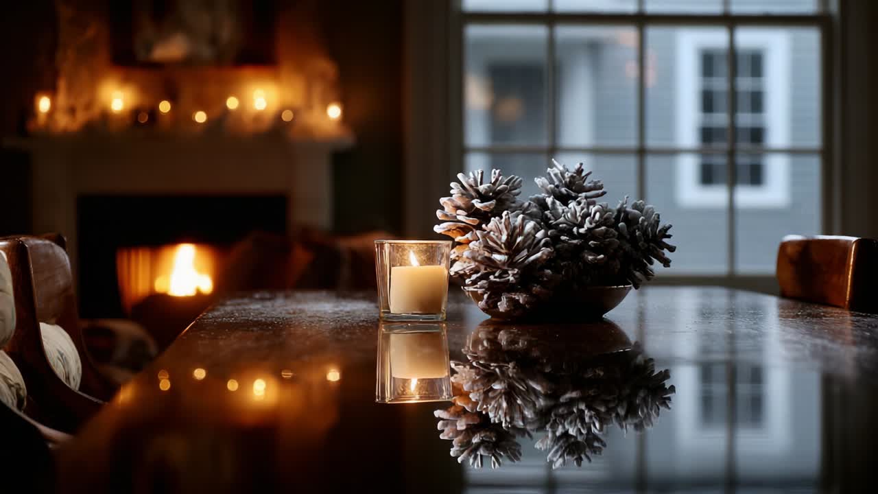 A Cozy Winter Evening Setting Featuring Sparkling Pinecones and Warm Candlelight, Creating an Inviting Atmosphere with a Beautiful Reflection in the Table Surface and Soft Glow from the Fireplace