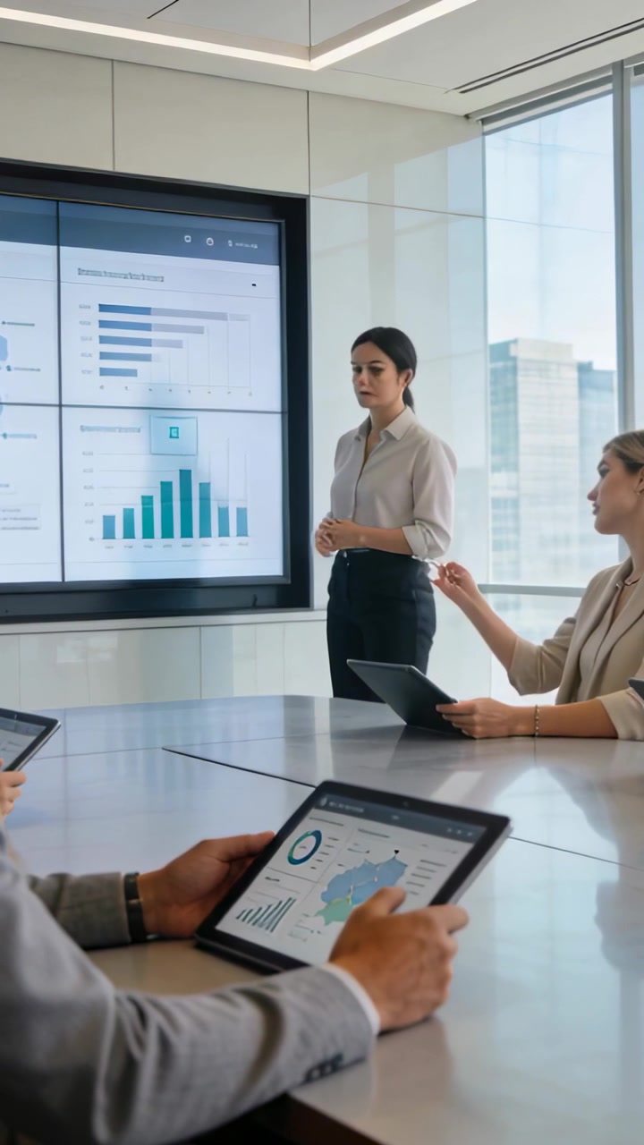 Vertical video: Starting meeting in office woman in blouse showing charts on screen team on tablets