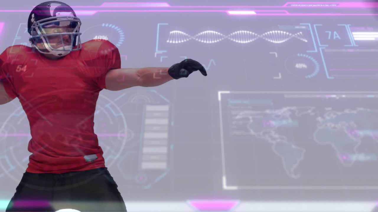Football player standing with raised arms in technology lab showing holographic DNA and data graphs