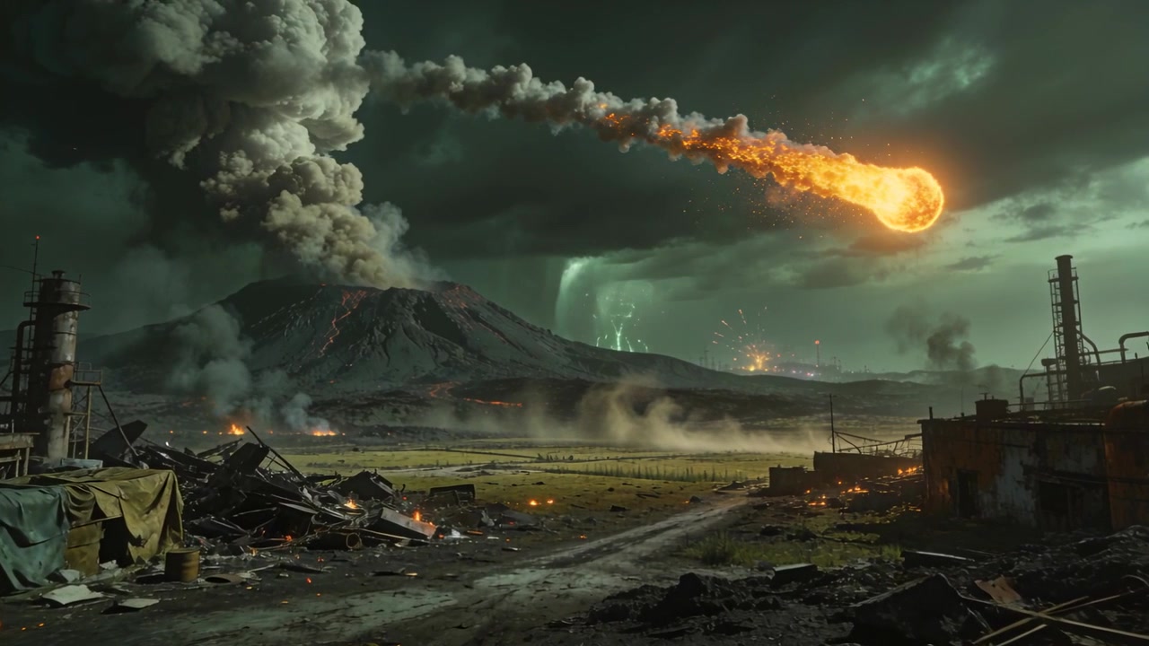 Meteora fiammeggiante che appare e lascia una scia di braci attraverso il cielo scuro sopra un sito in rovina, cenere vulcanica, spazio per il testo.