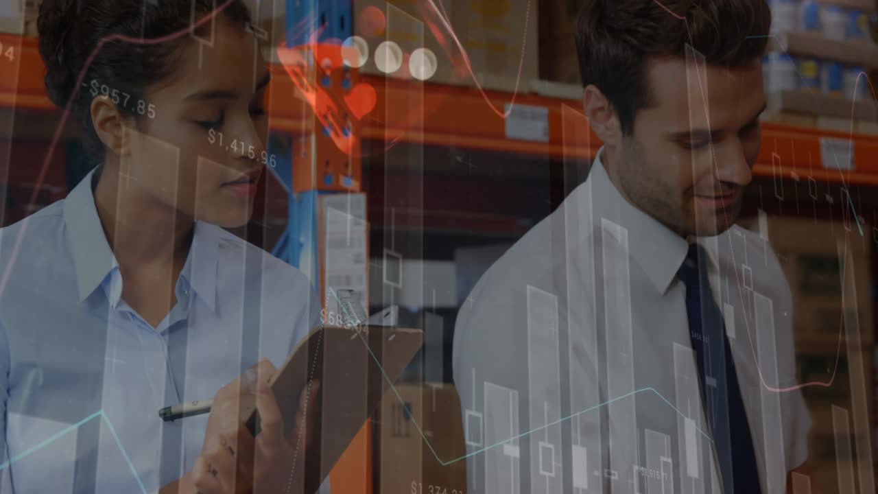 animación del procesamiento de datos financieros sobre las personas que trabajan en el almacén