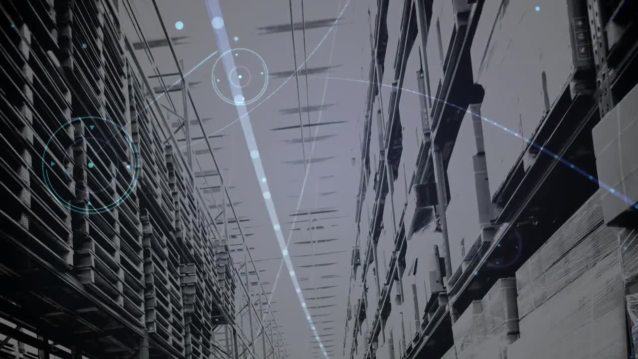 Animation of network of connections over shelves in warehouse