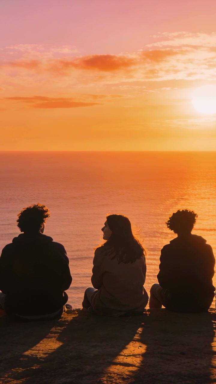 Video verticale: Guardando il sole che tramonta, trio seduto su una scogliera con felpe con cappuccio, quello al centro che lancia un'occhiata, oceano.