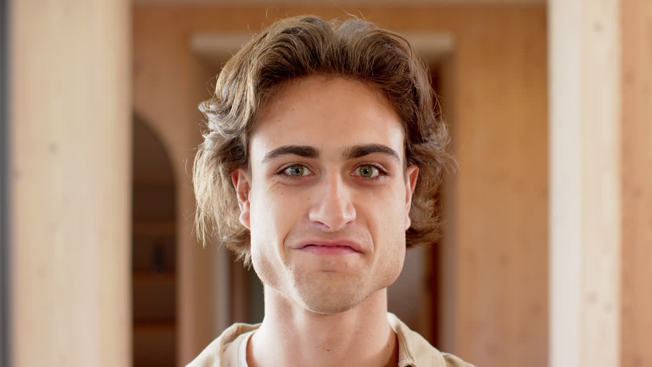 Smiling young man at home, feeling joyful and relaxed during holidays