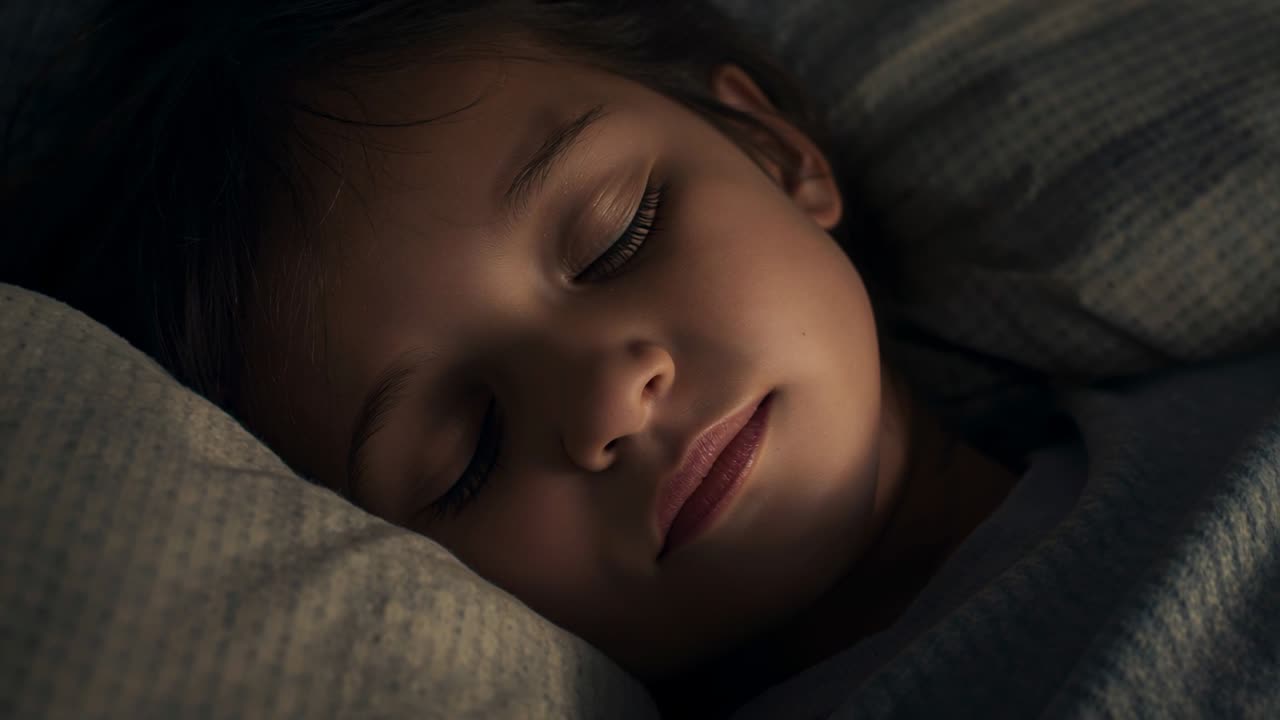 Sleeping female child wearing pajamas breathing at bedtime on pillow in bed with patterned blanket
