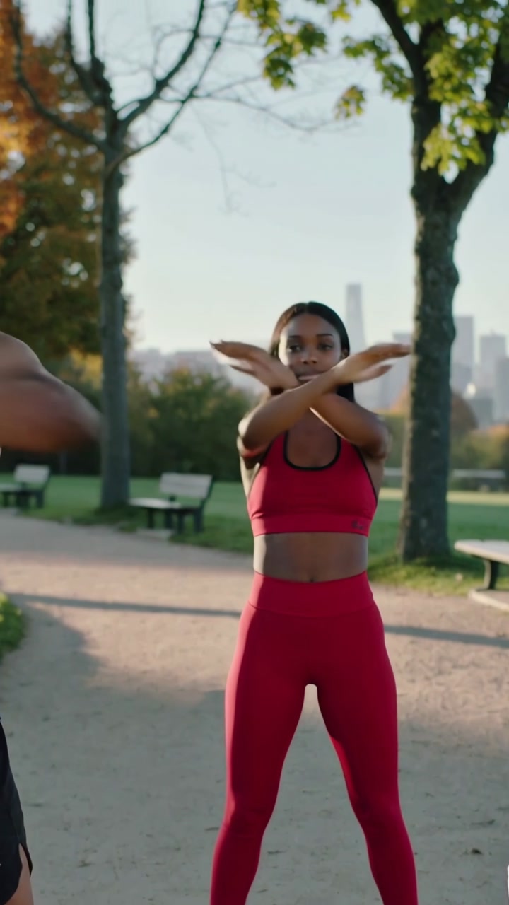 Vertical video: Starting woman in red gear doing arm crosses on park path smartwatch for workout