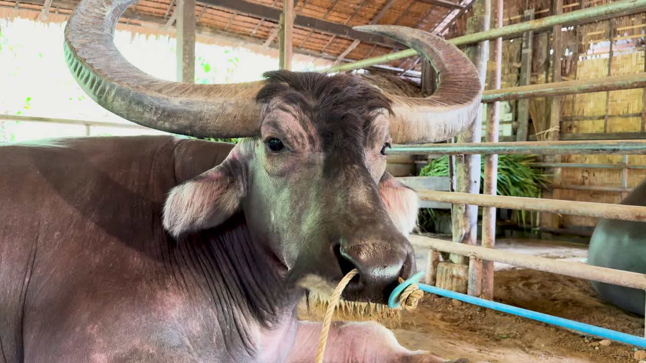 A water buffalo chews in a rustic farm setting in Phuket, Thailand. Natural lighting highlights the animal's features and environment