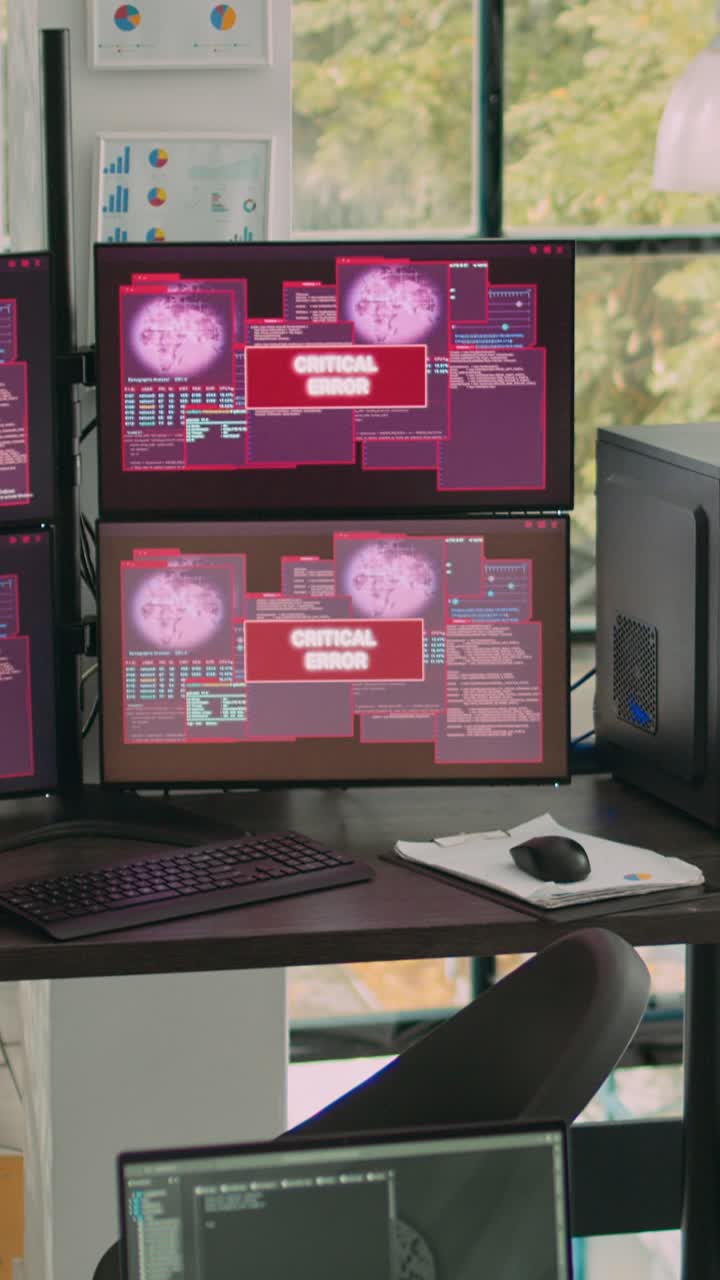 Vertical video: Computer screens running hacking alert security breach in empty software it agency