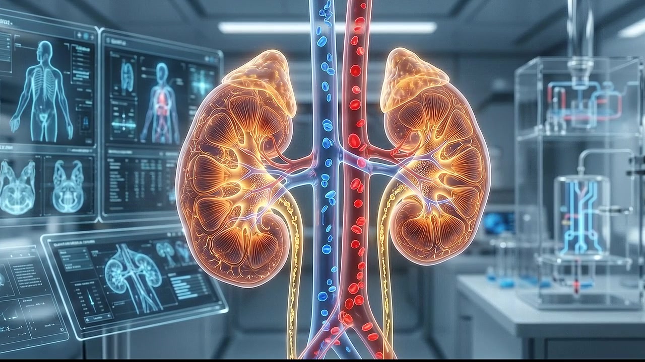 Human urinary system anatomy visualization with transparent kidneys in laboratory setting