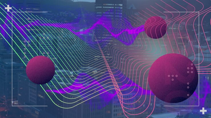 Animation of globes, mesh and data processing over cityscape