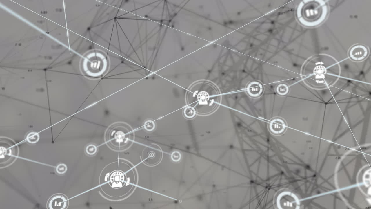 연결된 아이콘의 애니메이션, 기하학적 모양을 형성하는 점, 송신 타워의 낮은 각도 뷰