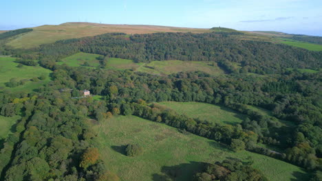 Englische-Bewaldete-Landschaft-Im-Herbst-Mit-Moorhügeln-Dahinter-Und-Hohem-Funksender-Auf-Der-Fernen-Hügelkuppe