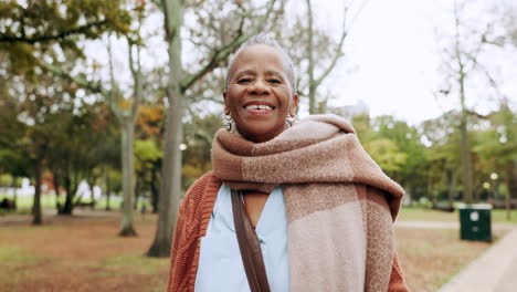 parque, la naturaleza y el rostro de la mujer negra senior