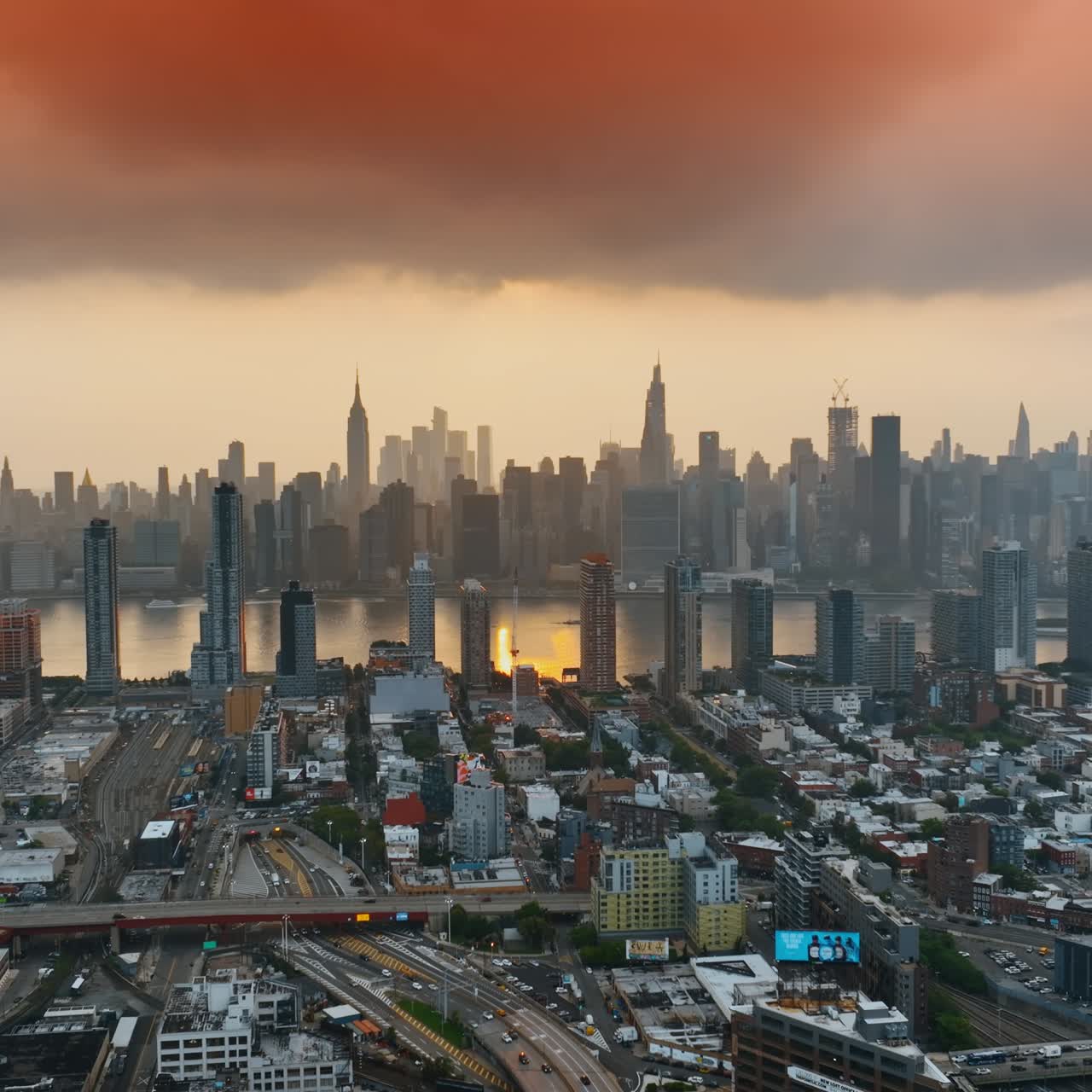Flying above Manhattan buildings. City new york aerial view