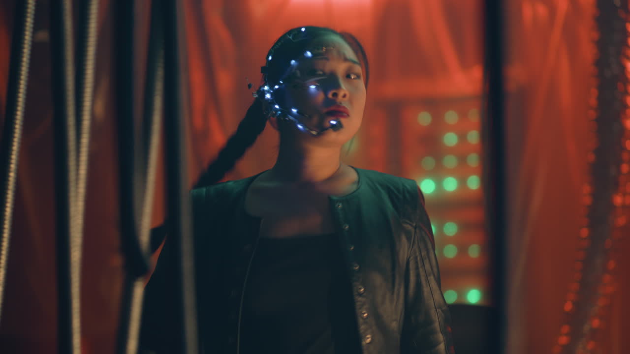 una mujer cyberpunk en un entorno futurista