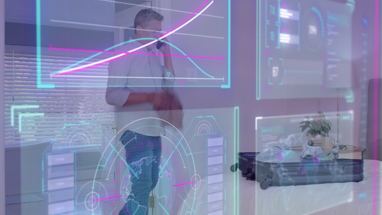 Man walking through home, phone initiating holographic business charts and package handling