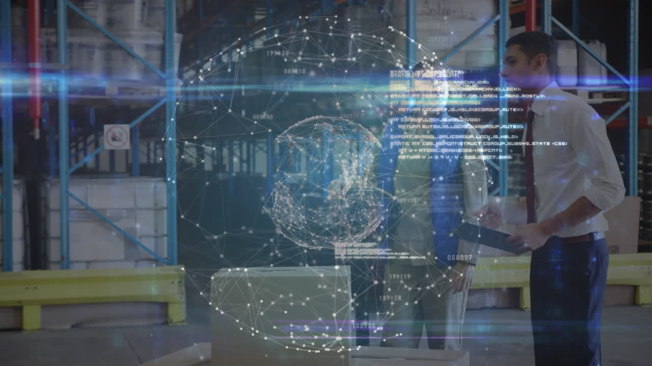 animación de la interfaz digital sobre los trabajadores del almacén caucásico