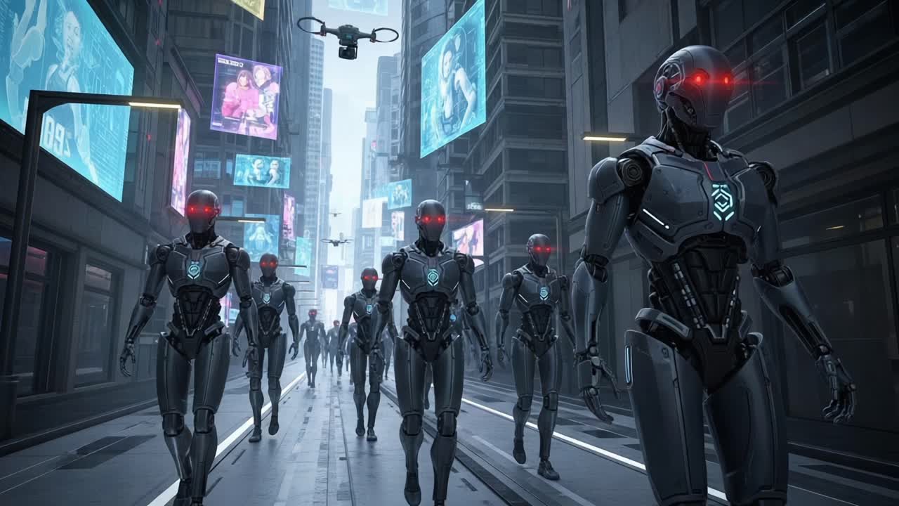 Futuristic Cybernetic Legion: A Group of Advanced Robots with Glowing Red Eyes March Through a High-Tech Cityscape Surrounded by Neon Advertisements and Drone Surveillance