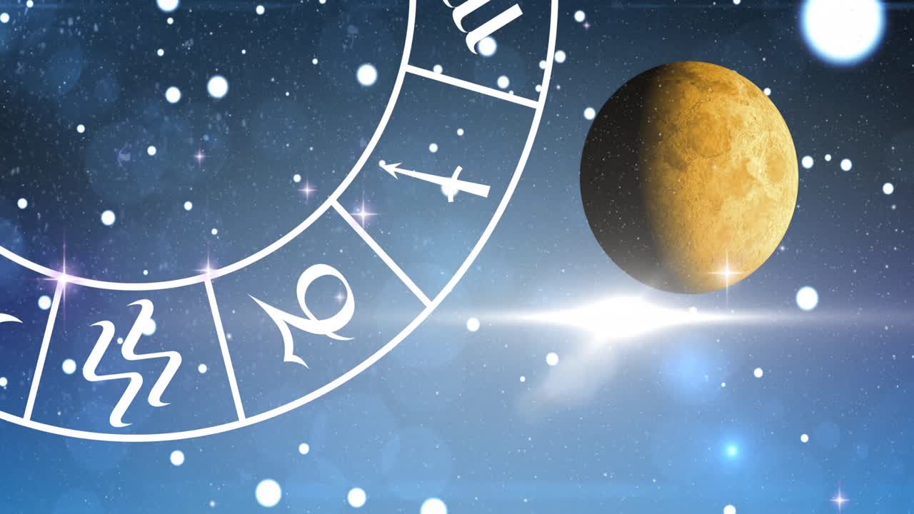 우주에서 조디악 기호의 행성 및 나선 기호의 디지털 애니메이션