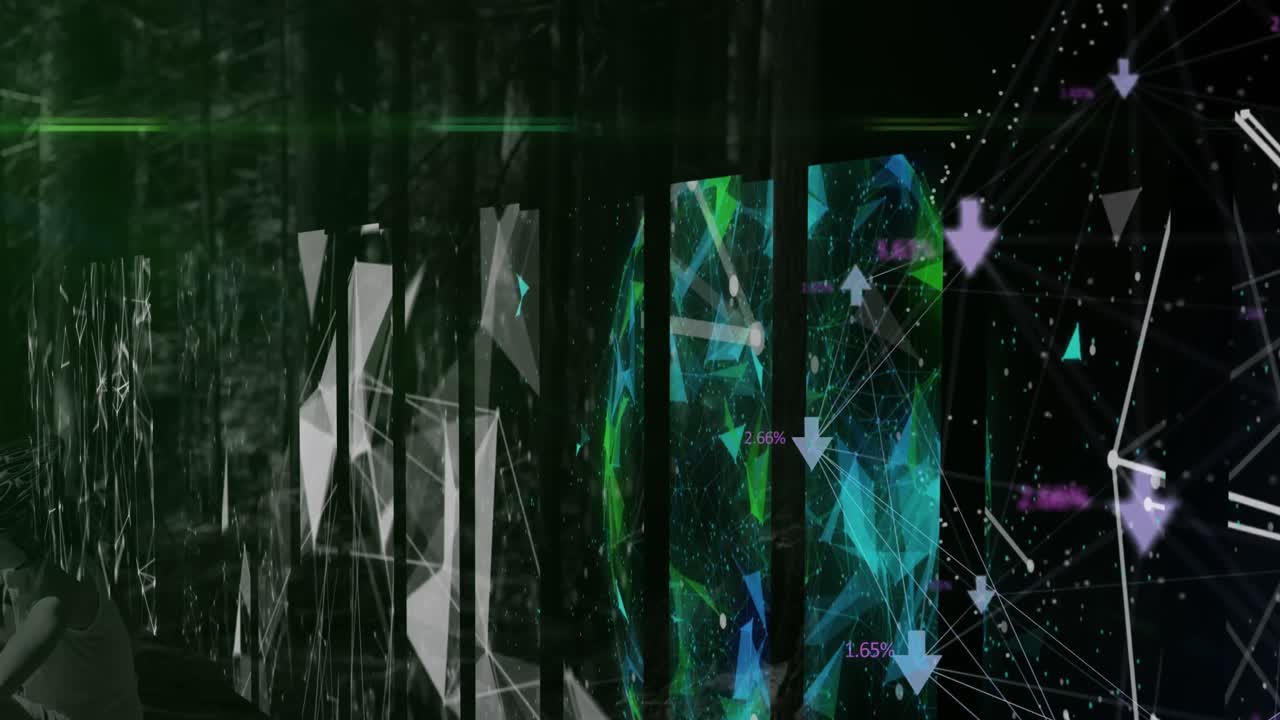 animación de la red de iconos digitales y pantallas de redes de plexus contra un fondo negro