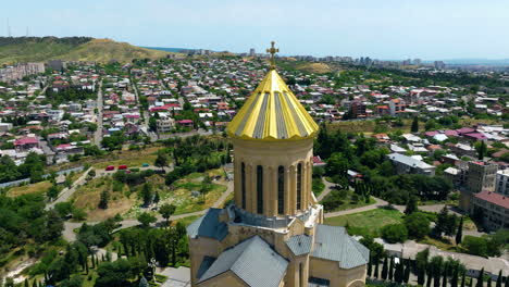 aerial top view of holy trinity tsminda sameba cathedral in tbilisi, georgia