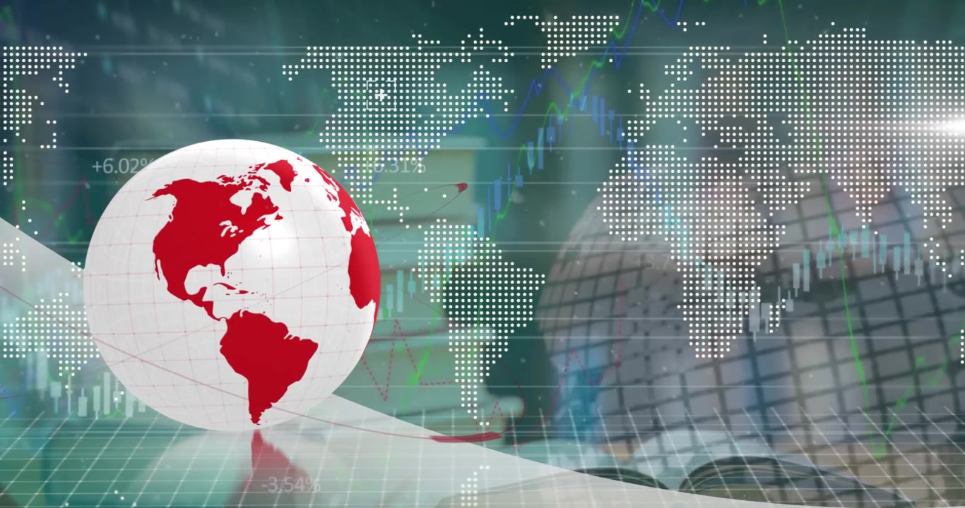 Animación de un globo terráqueo y un mapa mundial sobre el procesamiento de datos financieros.