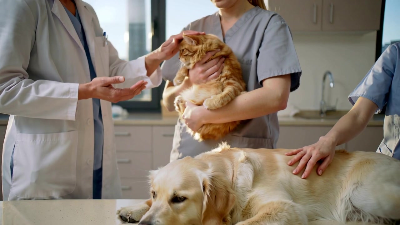 Gesturing vet leading clinic exam, gray scrubs cradling orange cat, blue hand calming retriever