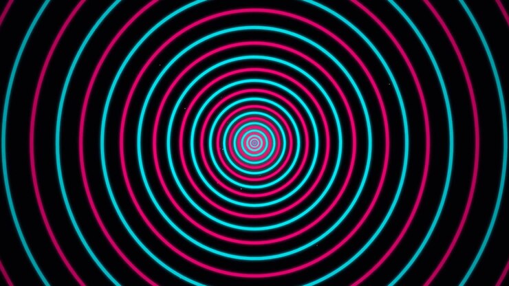 Animação abstrata de túnel com círculos concêntricos em neon rosa e ciano