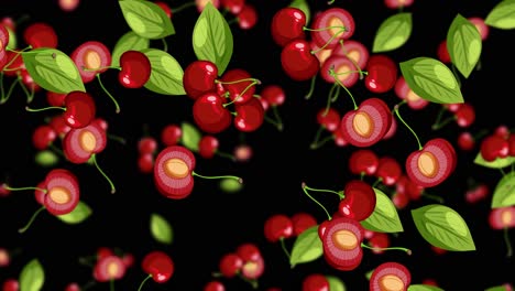 cherries and leaves falling against a dark backdrop