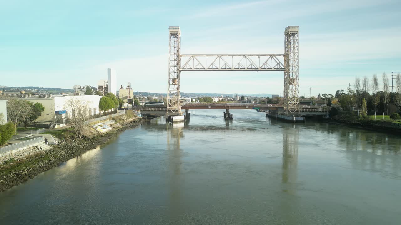 A drone view above the Miller Sweeney Bridge.
