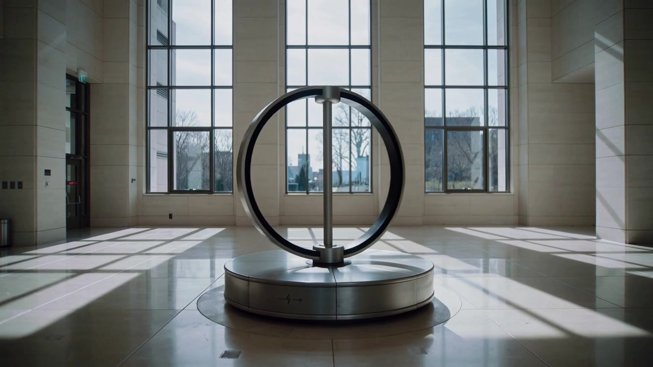 Avvio del motore, scultura ad anello che ruota su piattaforma motorizzata in un atrio luminoso, rivelando profili.
