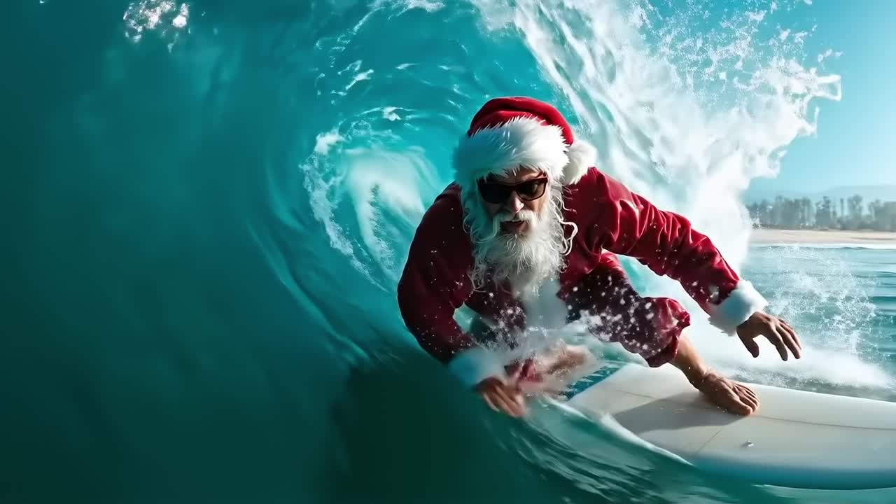 A man in a santa claus outfit riding a wave on a surfboard