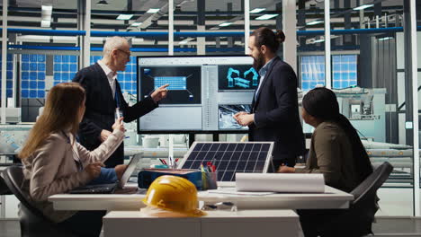engineering team in photovoltaics plant improving solar cells efficiency