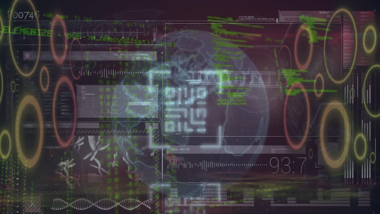 Animation of circuit board and globe with qr code over data processing