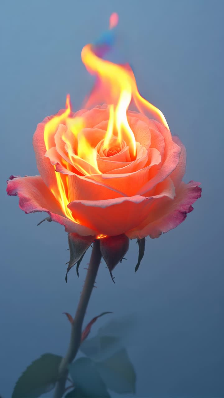 A dramatic close-up video of a rose engulfed in flames against a soft blue background