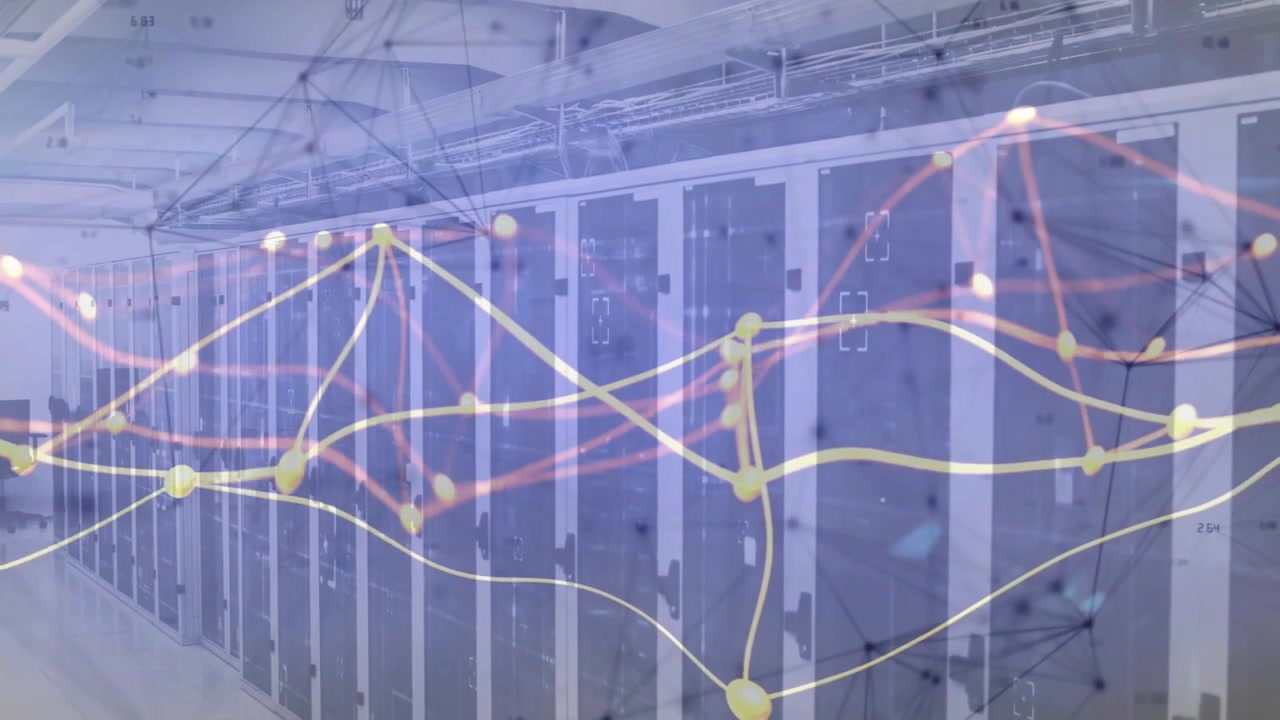 Upon clip opening server racks overlaying animated lines and nodes pulsing to visualize data surge