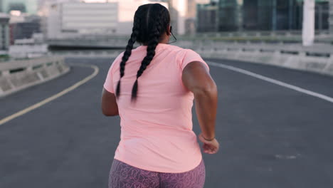 Fitness,-city-and-plus-size-woman-running